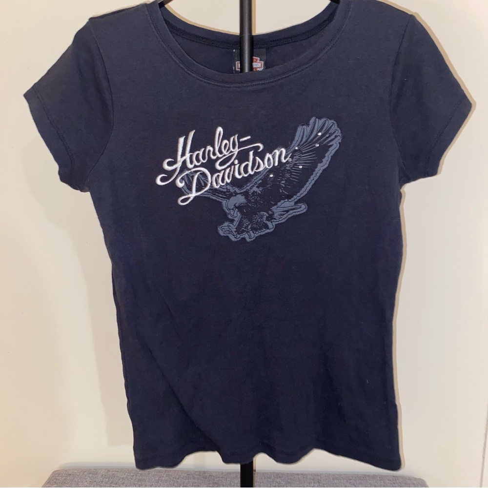 Harley-Davidson Y2K Black Baby Tee with Eagle Design Embroidery Size Large